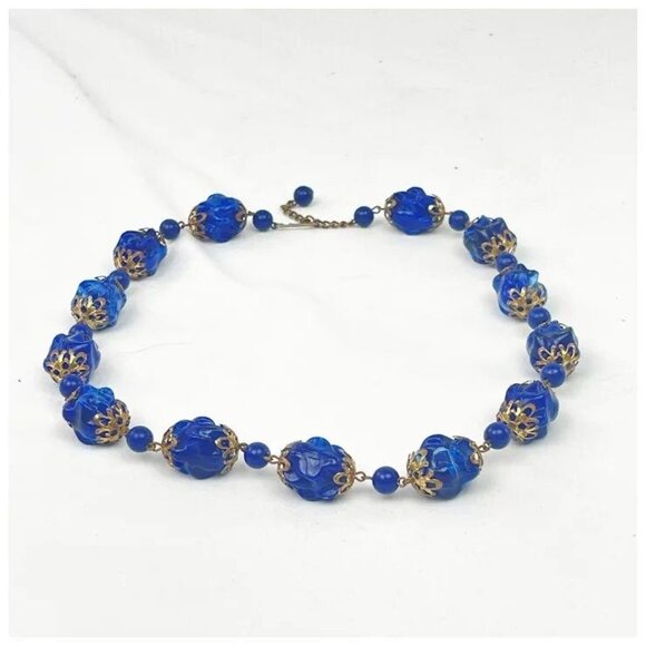 Vintage Cobalt Blue Early Plastic Necklace circa 1930, Antique Necklace, Sterlin - Picture 3 of 5